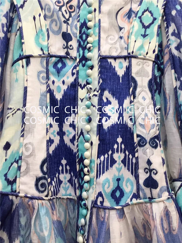 Cosmicchic фонарь с длинным рукавом Бохо льняное короткое платье со стоячим воротником принт рюшами Русалка мини сексуальное винтажное подиумное вечернее платье