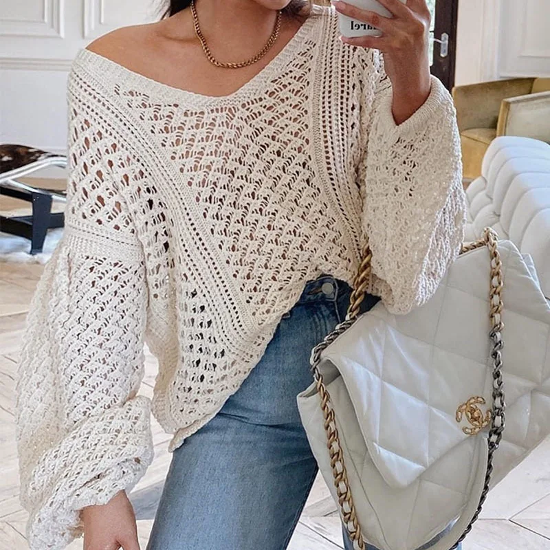 

2021 Women's Fashion Crop Knitted Sweaters Single Breasted Lantern Sleeve Loose Cardigans Hollow Out Casual Shirt Sweaters