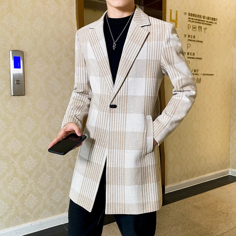 

Мужской шерстяной тренчкот, длинная приталенная повседневная куртка, Классическая клетчатая ветровка, верхняя одежда, 2020