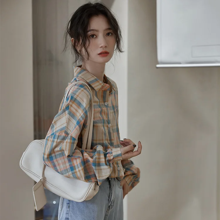 Осенняя свободная клетчатая рубашка в Корейском стиле 2021 | Женская одежда