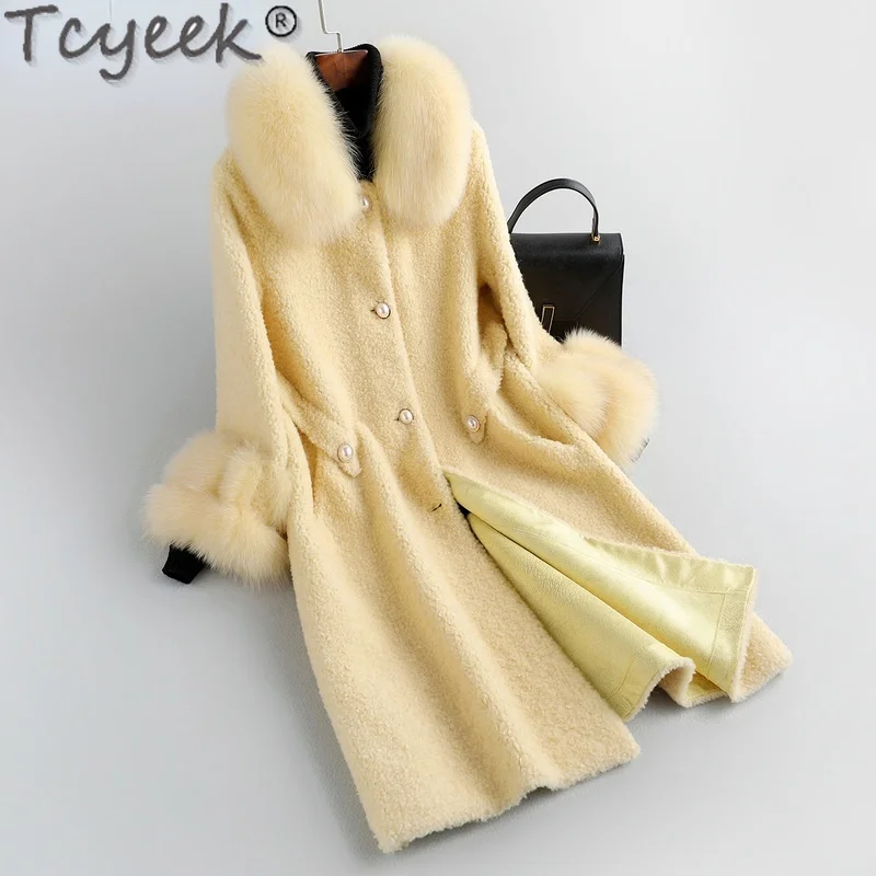 

Tcyeek Long Elegant Real Sheep Shearling Coat Female Winter 2021 Fox Fur Collar Wool Jackets Women Korean Casaco Feminino Gxy790