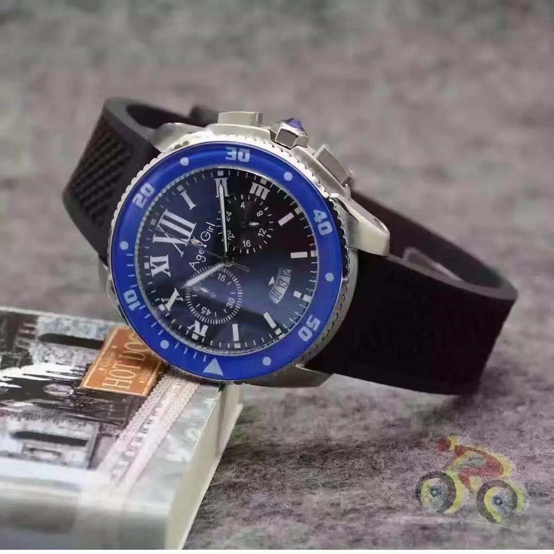 Blue Black Роскошные брендовые новые мужские часы, кварцевые хронограф, секундомер, нержавеющая сталь, сапфировый синий керамический ободок, серебристые резиновые черные часы - Цвет: Blue Black