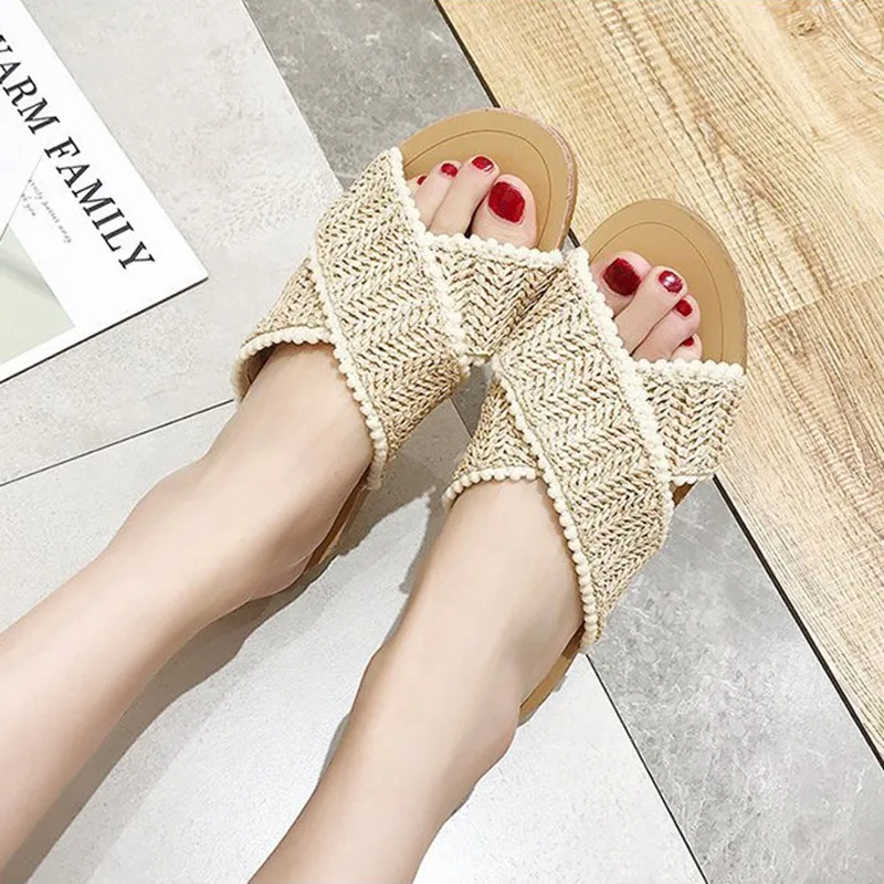 Новинка 2020 года женские плетеные тапочки летние пляжные шлепанцы для девочек