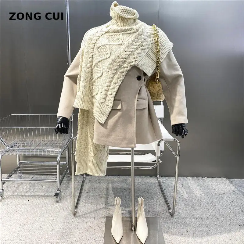 

Woolen 2-piece Women Suit 2021 Winter Turtleneck Sweater Shawl + Slim Wool Jacket Korean Fashion Designer Suit Black Coat