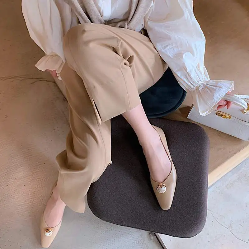 

Krazing Pot genuine leather square toe low heels shallow British school metal concise style daily wear slip on women pumps L19