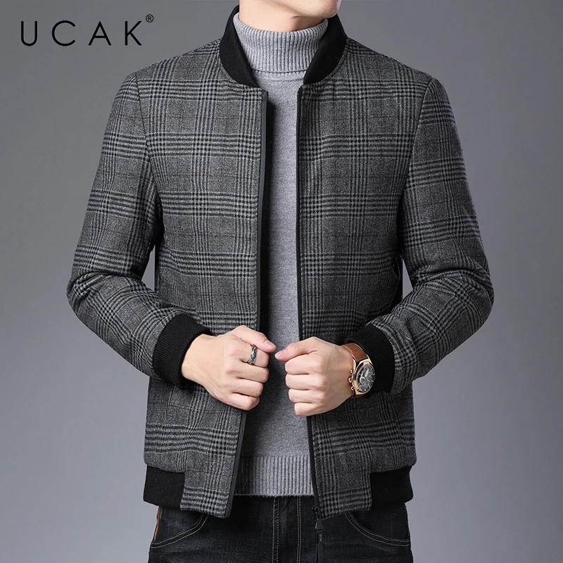 

UCAK Brand 2021 Winter Men's Woolen Coat New Striped Single Breasted Trench Slim Fit Business Casual Wool Jacket Blends U8220