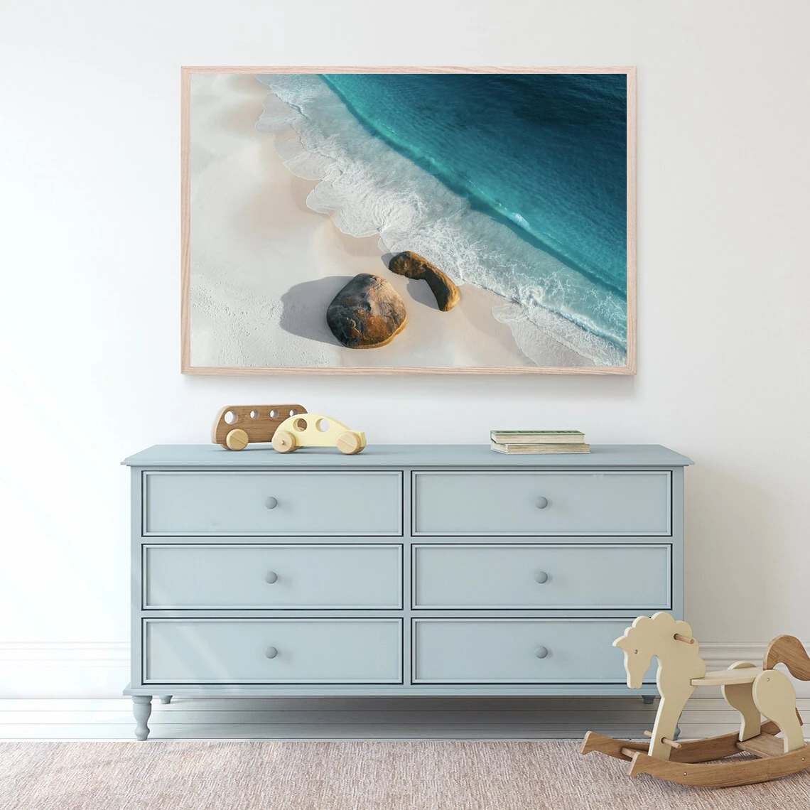 

Two rocks on white sand beach print, Blue ocean poster, beautiful clear water artwork from Western Australia Landscape Poster