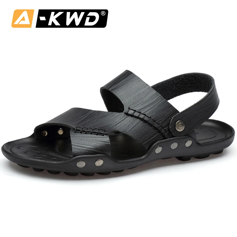 2020 черного цвета Кожаные мужские сандалии Летние пляжные и домашние шлёпанцы для