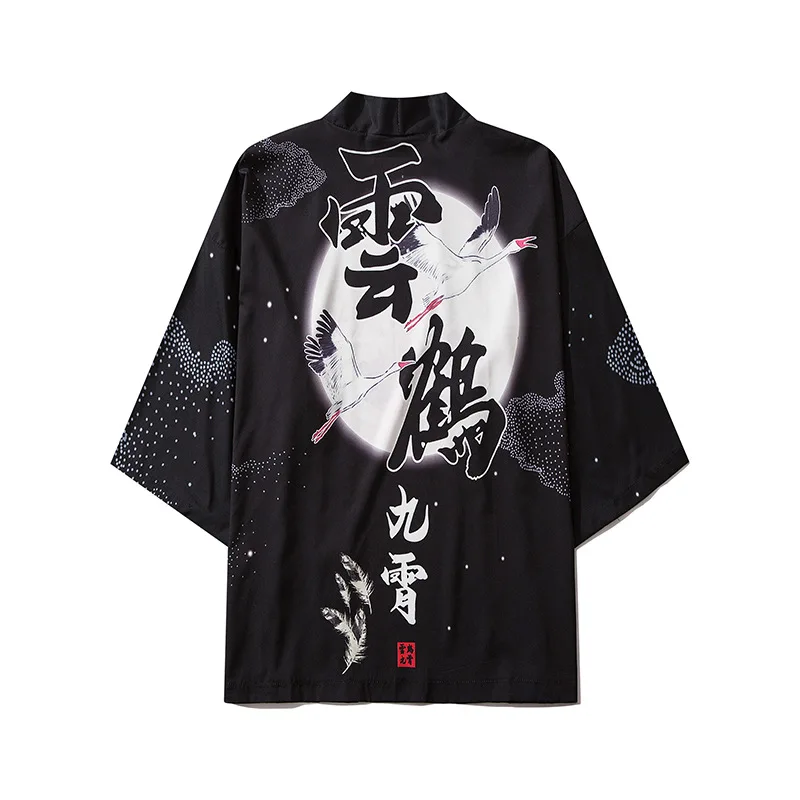 

Moon Crane Yukata haori men Japanese kimono cardigan men samurai costume clothing kimono jacket mens kimono shirt yukata haori