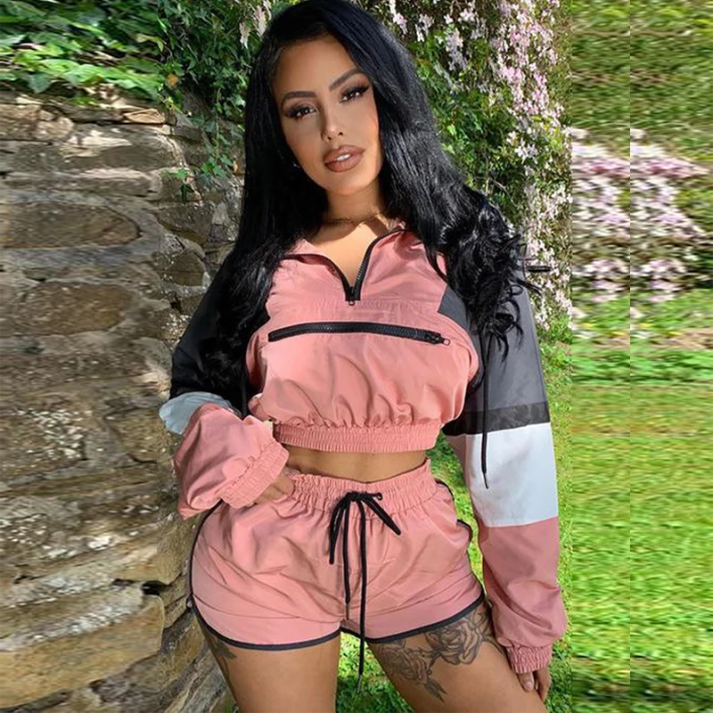 

Women Crop Shirt Pants Suit Long Sleeve Hooded Zipper Tops Casual Party Fall Summer Shorts Set