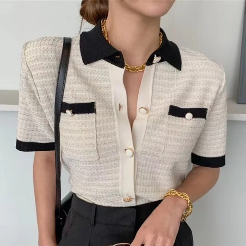 

South Korean chic summer sweet Polo collar single-breasted French gentle temperament slim short-sleeved knitwear top girl