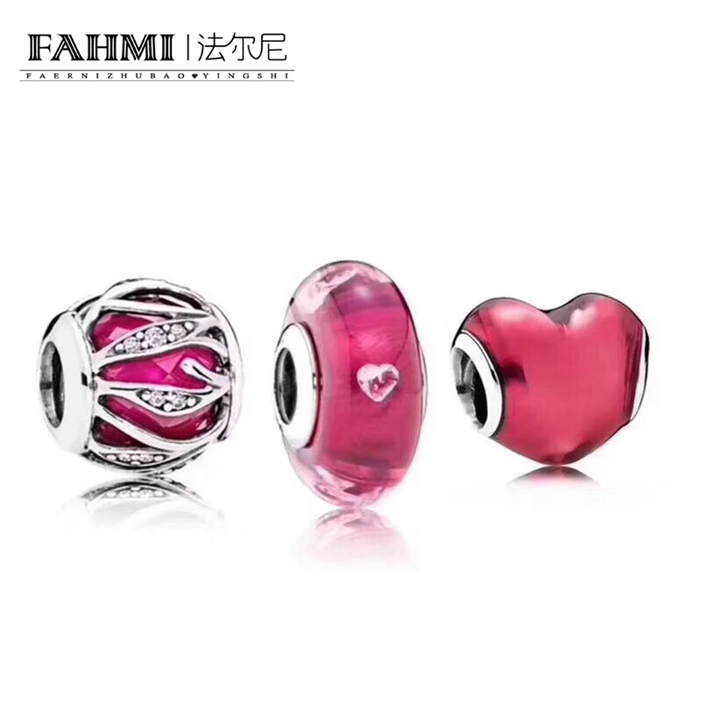 

FAHMI 100% 925 Sterling Silver New 1:1 Love Charm Beaded Valentine's Day Heart-shaped Glass Beads Stringed Fashion Gift Set