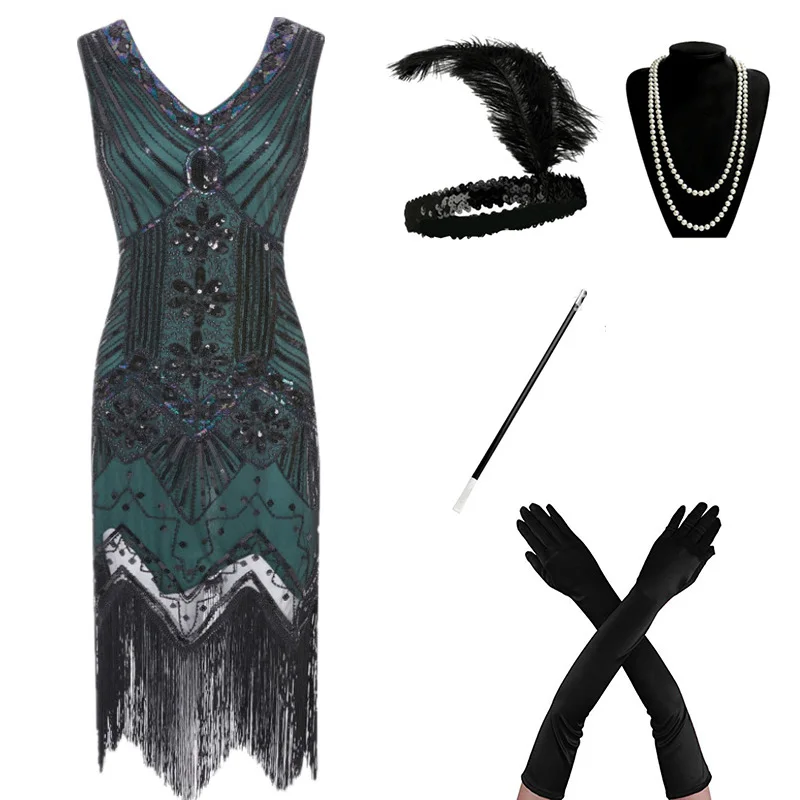 G(green black) 1920s Flapper платье Great Gatsby вечерние платья с блестками и бахромой - Цвет: G(green black)