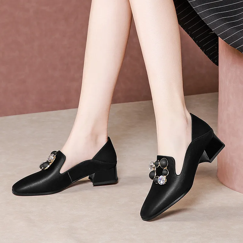 

FEDONAS Rhinestone Women Cow Genuine Leather Pumps Prom Retro Thick Heels Pumps Shoes New Spring Sqauare Toe 2021 Shoes Woman