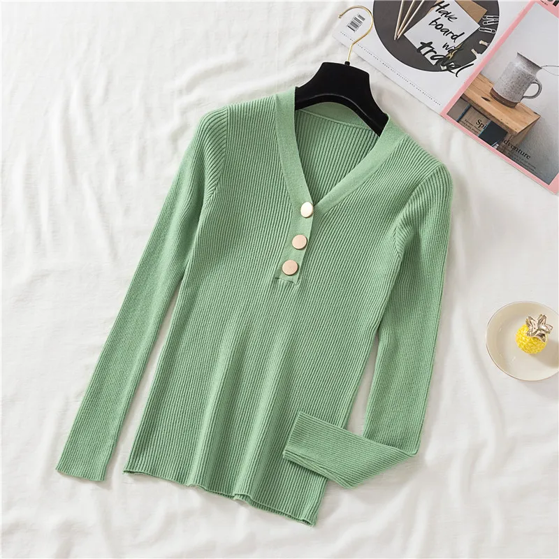 Gagarich Slim Sweater Autumn Winter 2020 New Korean Button V-neck Solid Knit Female Top Long Sleeve Versatile Pullover Bottoming | Женская