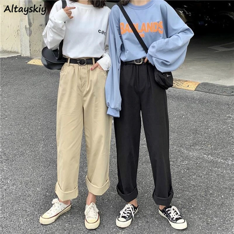 

Брюки женские прямые повседневные с поясом на резинке, однотонные простые винтажные универсальные уличные штаны для подростков, шикарные б...