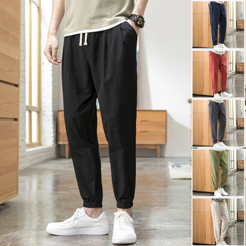 

Linen pants Chinese style loose sweatpants Leggings Cotton Linen Pants Large Men's nine point Harlan pants lantern pants