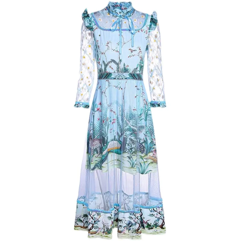 

Elegant Ruffled Collar Runway Designers Print Patchwork Summer Mid Calf Mesh Dress Sexy Festa Women Transparent Party Robe Femme