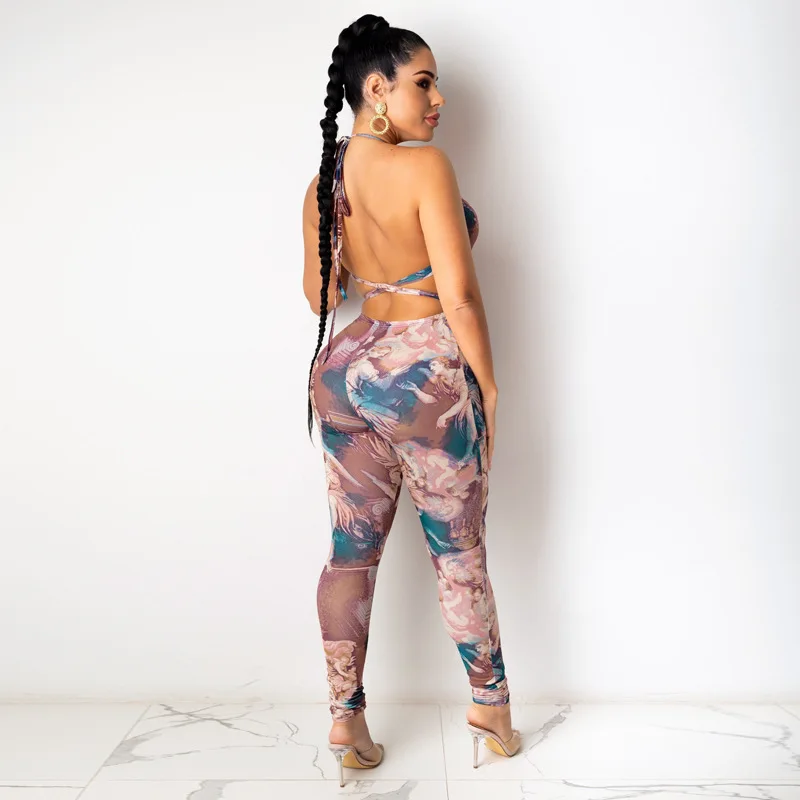 

CIBBAR Sexy Print Hollow Out Halter Jumpsuit Women Sleeveless Long Pants Outfits Summer Backless Bodycon Workout Overalls 2021