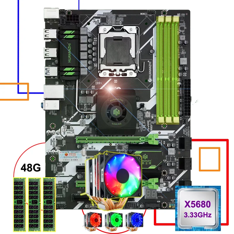 Комплект материнской платы HUANANZHI X58 deluxe LGA1366, кулер северного моста, ЦП Xeon X5680, 6 тепловых труб, память кулера 48 ГБ (3*16 Гб) RECC