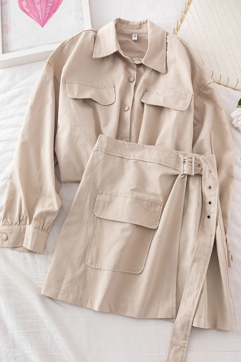 

Spring and autumn Japanese tooling shirt female design sense niche top + thin high waist skirt two-piece suit female