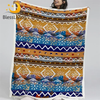 BlessLiving Boho Stripe Plush Bedspread Bohemian Throw Blanket Orange Brown Sherpa Fleece Blanket Aztec Ethnic Tribal Blanket 1