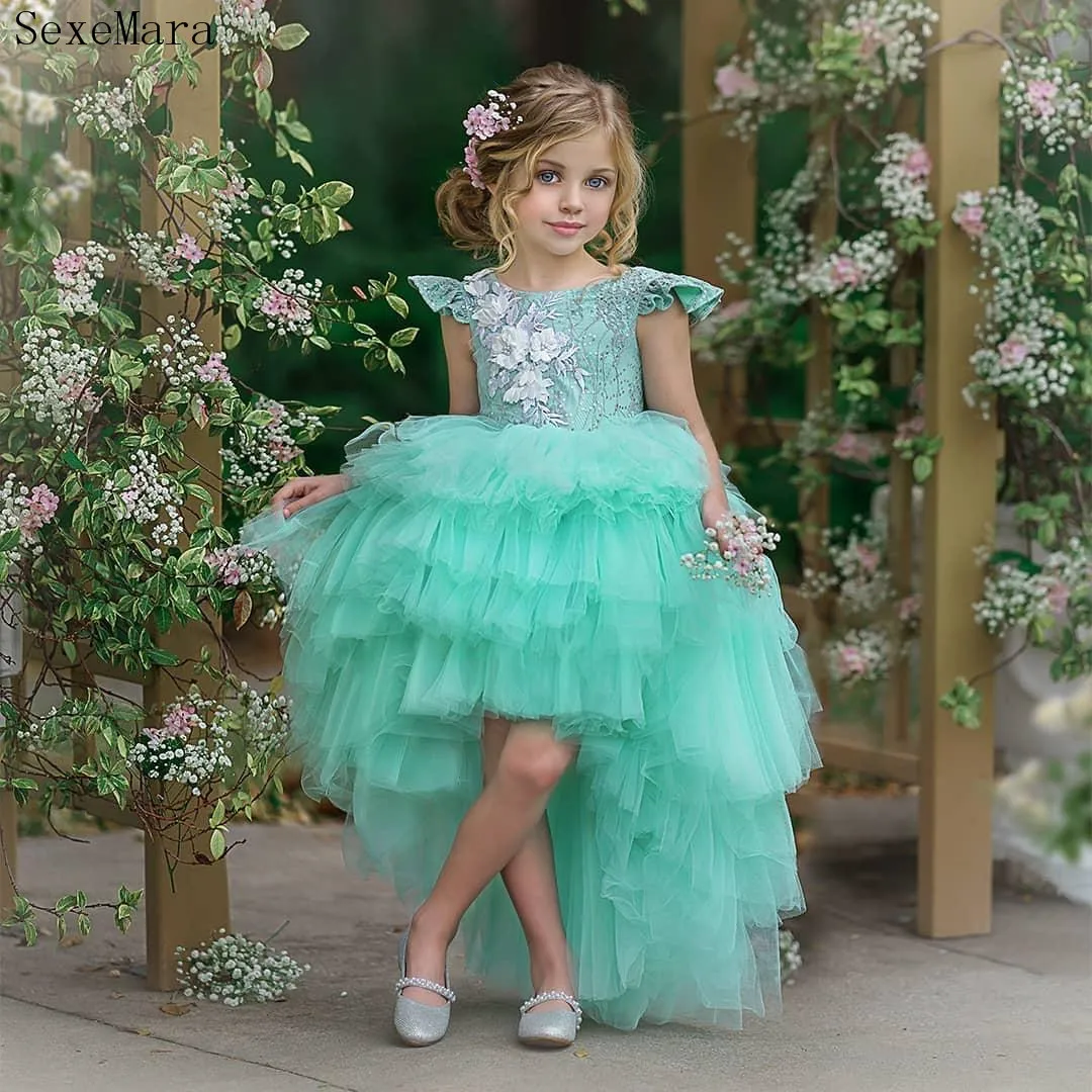 Princess Custom High Low Flower Girl Dresses Cap Sleeve Appliques Beads Girls Formal Party Birthday Gowns Pageant Dress