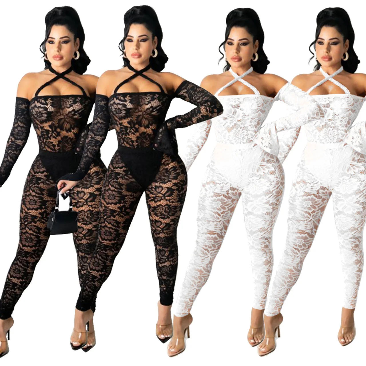 

Sexy Lace Halter Club Jumpsuit Women See Through Long Rompers Long Sleeve Autumn Spring One Piece Outfits Nightclub Party Wear