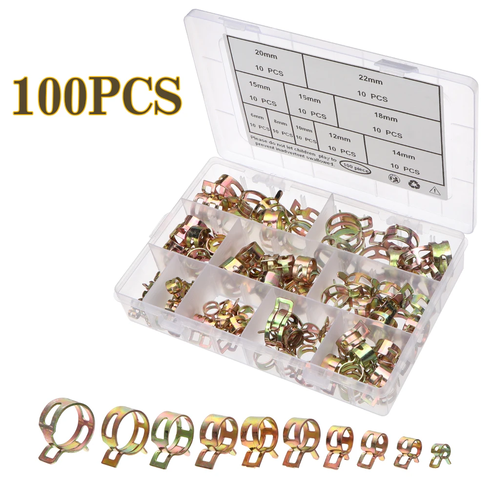 

100PCS 6-20mm Fuel Line Hose Clips Water Pipe Zinc Plated Spring Clips Air Tube Silicone Vacuum Hose Clamp Fastener Storage Box