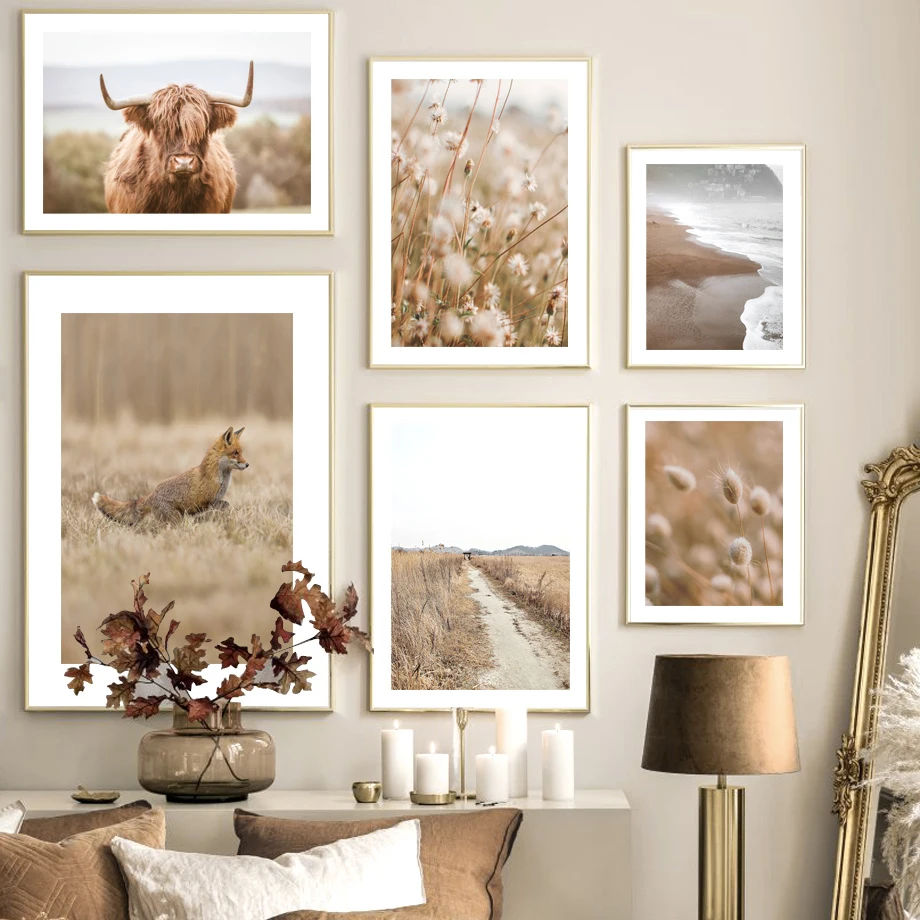 

Highland Cow Fox Field Grass Meadow Fog Beach Nordic Poster Wall Art Print Canvas Painting Decoration Pictures For Living Room