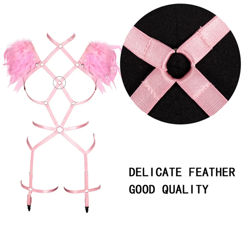 Womens Feather Epaulettes Goth Steampunk Shoulder Wings Sexy Lingerie Set Full Body Harness BurningMan Club Festival Rave Wear