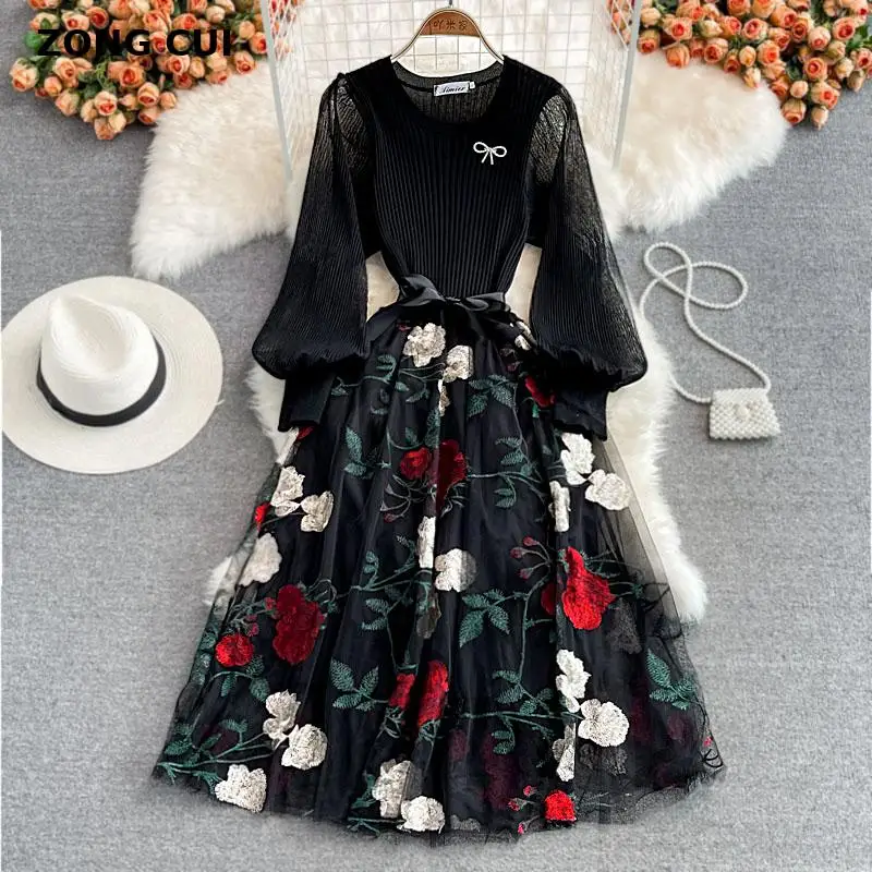 

Elegant Luxury Runway Dresses Autumn Winter Women O-neck Puff Sleeve High Waist Floral Embroidered Sequins Patchwork Party Dress