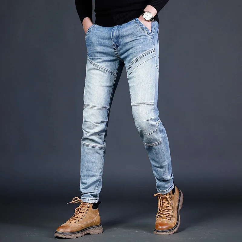 2022 New Fashion Blue Jeans Men Casual Slim Fit Pencil Pants Mens Patchwork Jean Streetwear Biker Denim Trousers