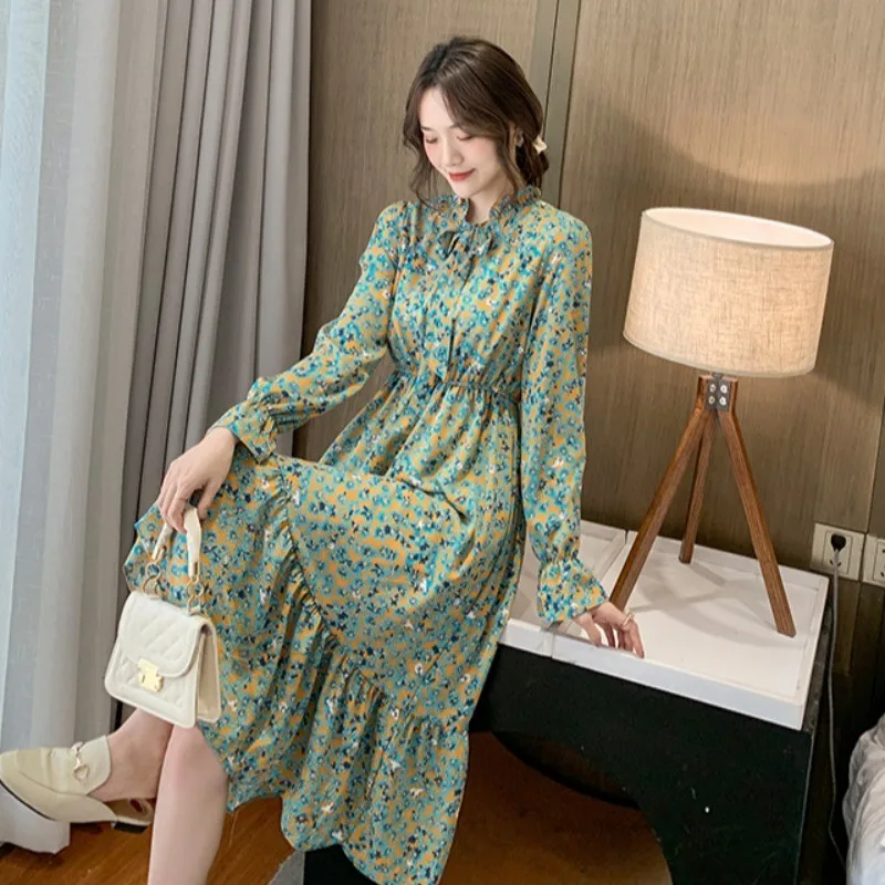 

Новинка весна-осень 2022, шифоновое Цветочное платье, женская одежда, винтажное Плиссированное тонкое платье с талией, женские платья D871