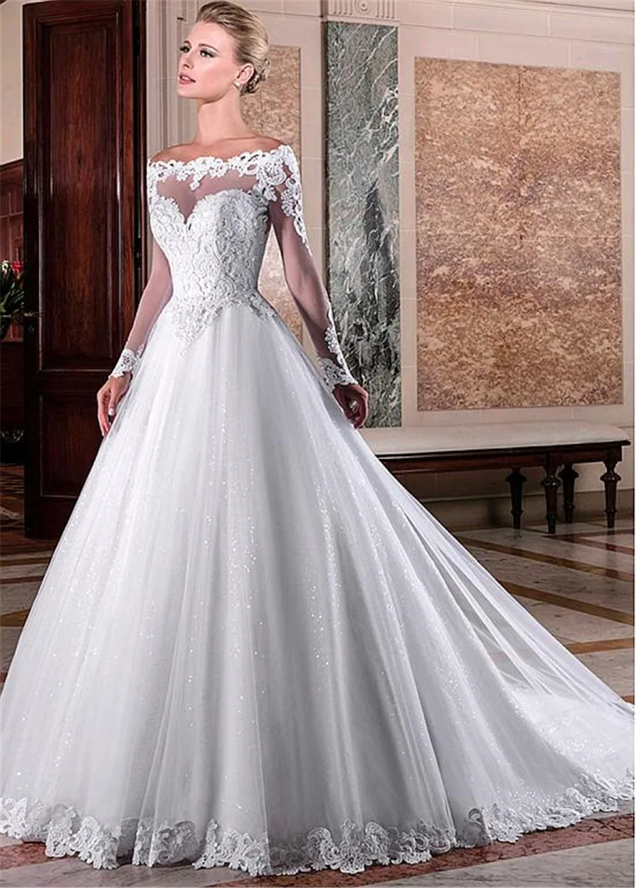 

Delicate Tulle Off-the-shoulder Neckline A-line Wedding Dresses With Beadings & Lace Applqiques Bridal Dresses