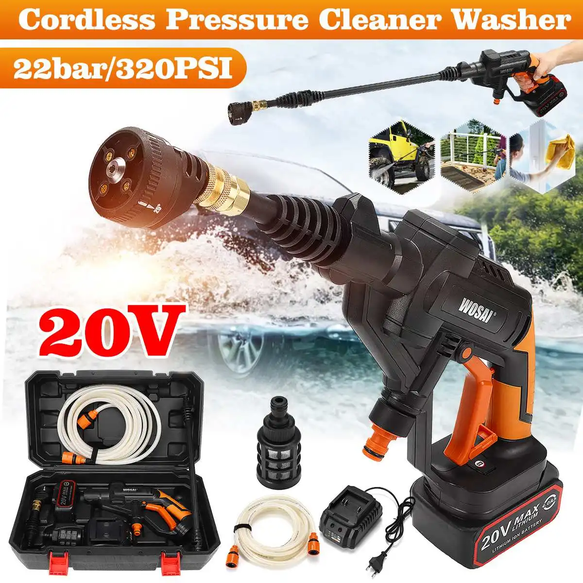 

20V Cordless Car Washer 320PSI High Pressure Nozzle Car Washing Gun Handheld Auto Spray Powerful Car Washer Cleaning Rechargable