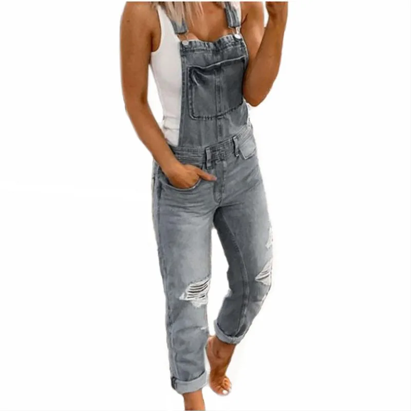 

2021 Women's With Holes In Their Straps Straightforward Tight Calf Jeans Rompers Womens Denim Jumpsuit Women Summer Overalls