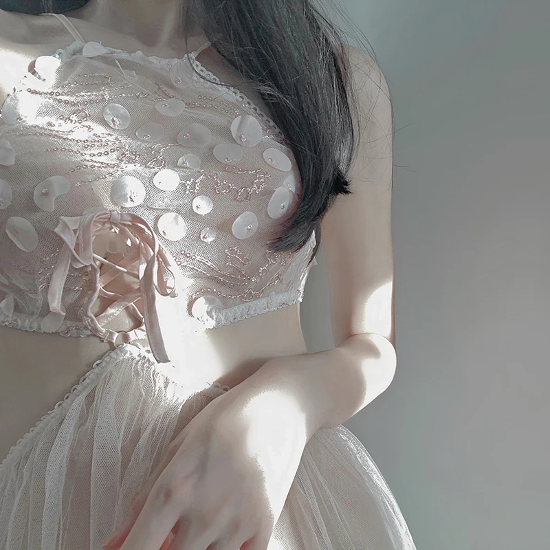 

Net Yarn Perspective Temptation Nightdress Sexy Petal Bellyband One-Piece Sleepwear Sling Women's Home Clothes Summer New