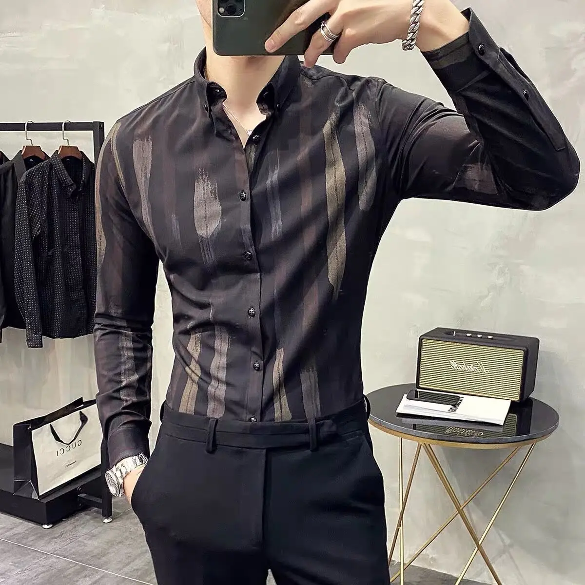 

Top Shirt Stripe Men's Shirt Korean Style Light Luxury Men's Long Sleeve Trend Handsome Slim Business Leisure High Level Spring