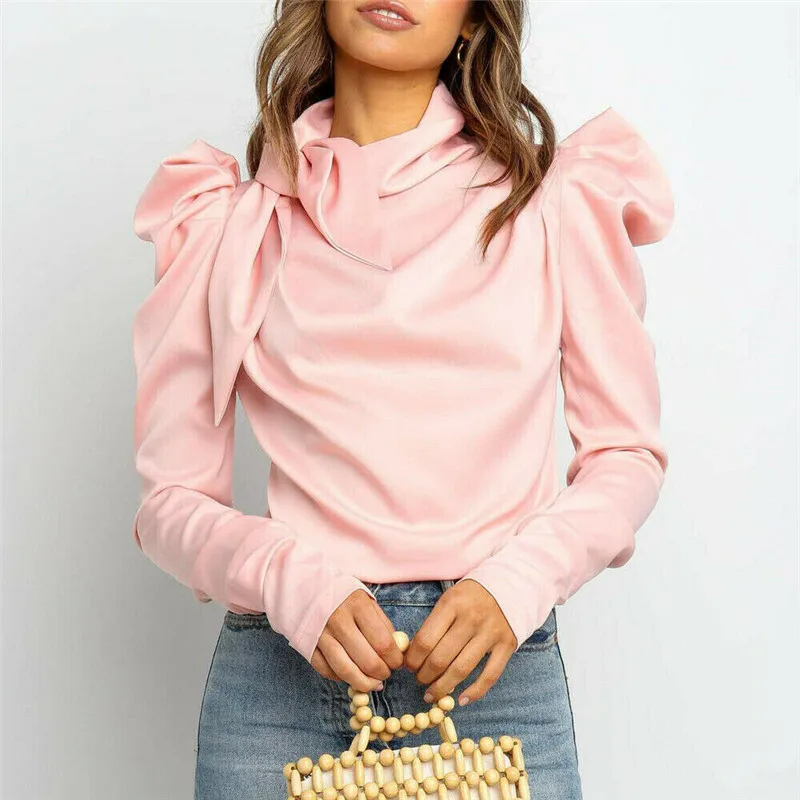 

2019 New Women Satin Blouses Bow Neck Long Puff Sleeve Elegant Blouse Office Lady Shirts blouse Female Blusas