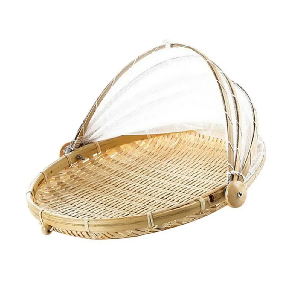 

Bamboo Tent Basket Hand Woven Tray Anti Bug Food Fruit Container Net Mesh Cover