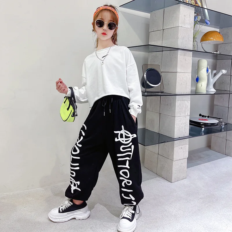 Girls Sports Loose Set 2021 New Children's Hip-hop Performance Clothes Girls Long-sleeved Sweater + Kids Letter Loose Trousers