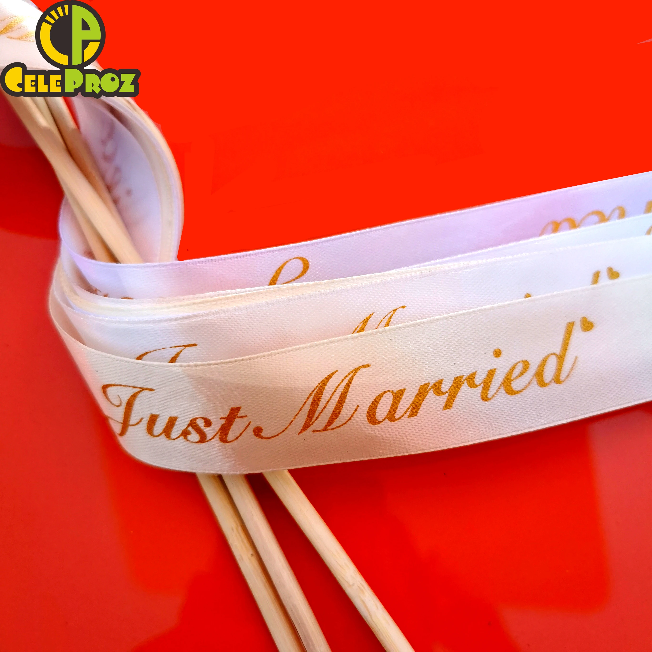 

20Pcs Ivory White Wedding Ribbon Stick Just Married Printed Ribbon Wands Wedding Photo Props Wedding Ribbon Stick With Bell