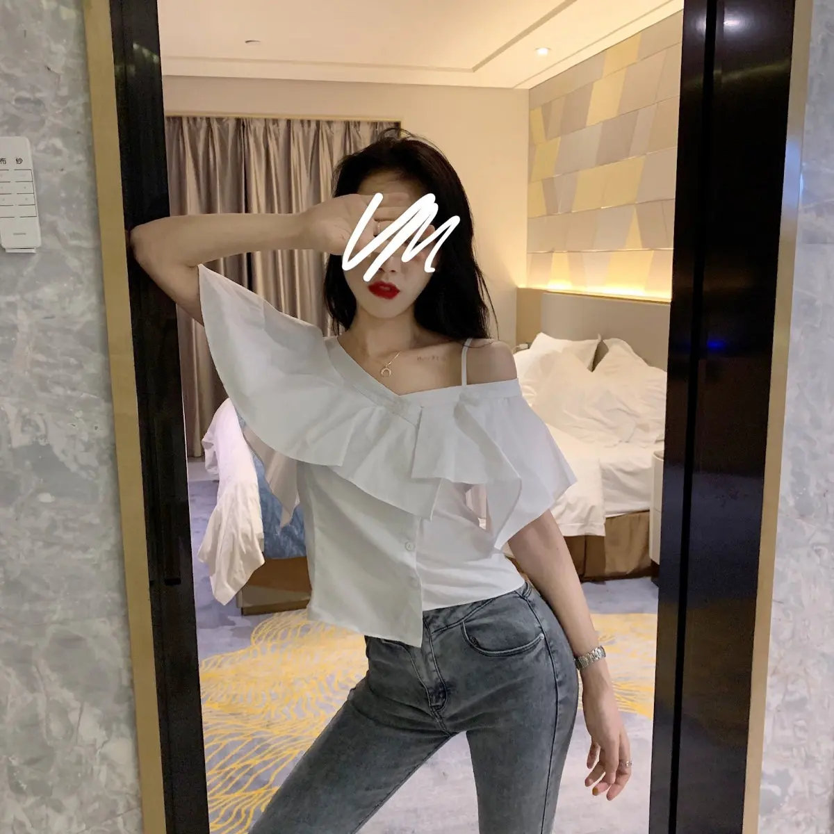 

Summer Ruffles Sexy One Shoulder Top V-neck Shirt Women's 2021 New Sleeveless Sling Irregular Blouse Female Blusas Mujer Clothes