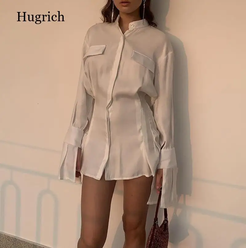 

Ladies dress 2021 stand-up collar satin waist waist shirt dress casual women's white dress suit mid-length skirt