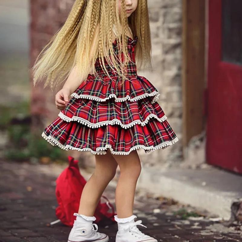 

Baby Girls Party Dress Ruffles Sleevelee Plaid Print Lotus Leaf Lovely Princess Dress Childrens Cute Costume Summer Kids Dresses