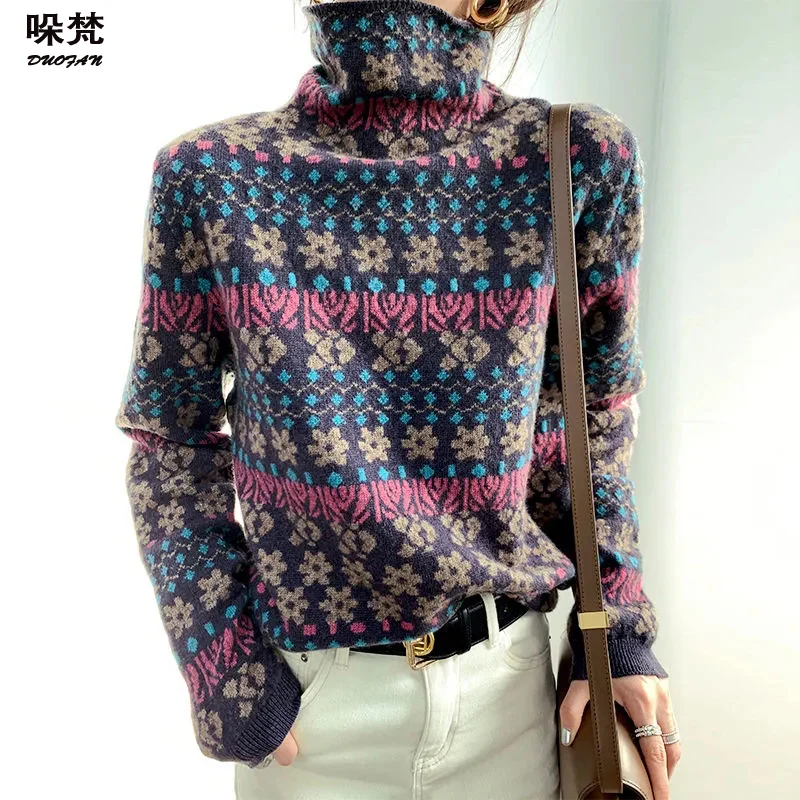 

DUOFAN 2021 Autumn Winter Women Turtleneck Sweater Loose Elegant Warm Knitted Pullovers Fashion Solid Tops Knitwear Jumper