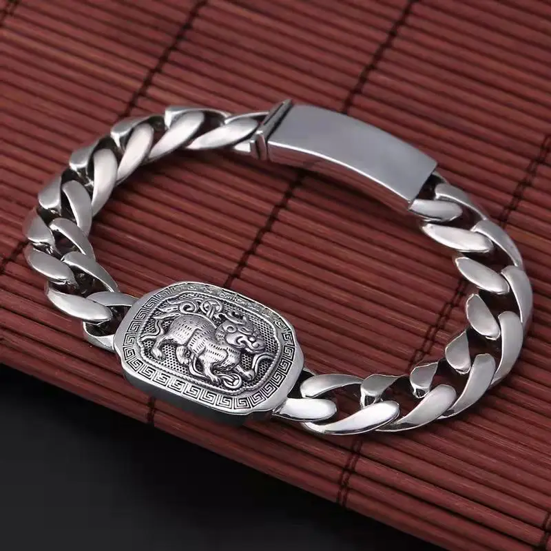 

999 Vintage Silver Personality Unicorn Bracelet Men's Thick Hand-woven Thai Silver Domineering Lucky and Avoiding Evil Jewelry