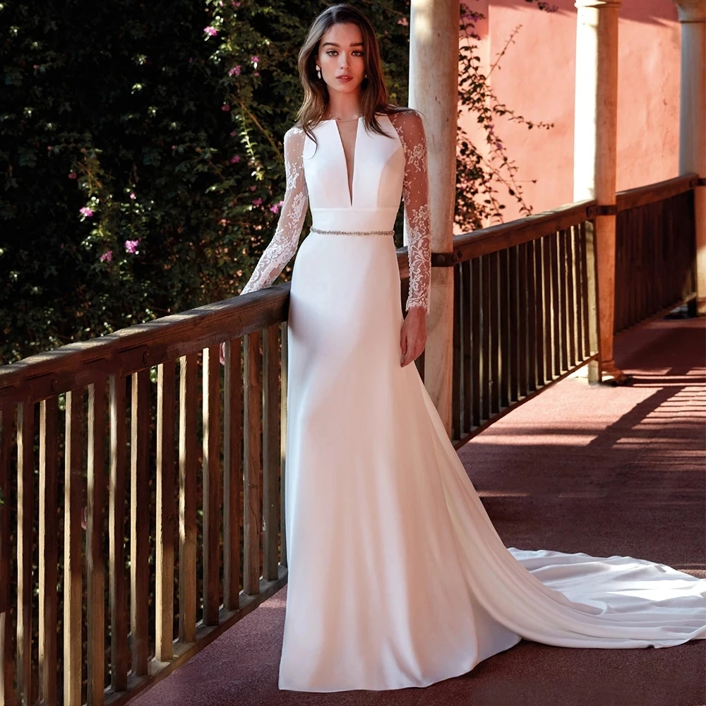 

Modest A-Line Weddding Dresses 2021 Simple Lace Long Sleeves Backless Beading Sashes Court Train Bridal Gowns Vestidos De Novia