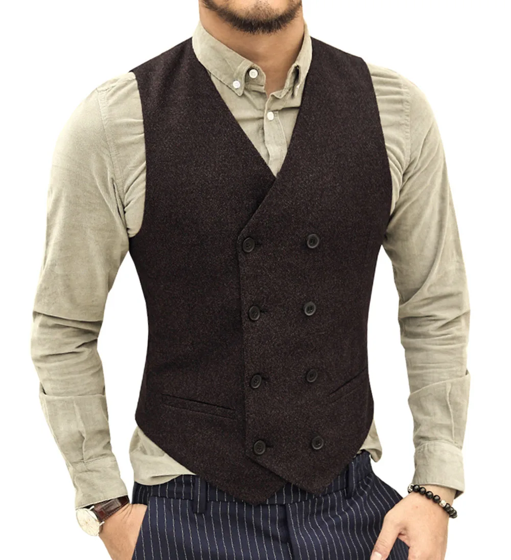 

Men Vest Sleeveless Dark Brown Wool Tweed Waistcoat Slim Fit Casual Formal Business Wedding Groommen For Best Man Suit Vest